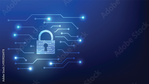 cyber security. digital padlock with circuit board on blue background