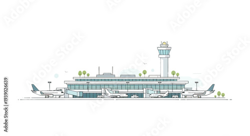 Airport Terminal Building with Control Tower Illustration.