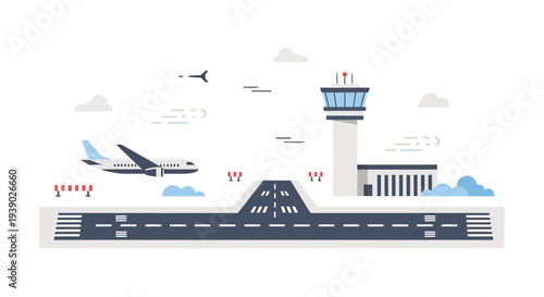 Airport Control Tower and Airplanes on Runway.