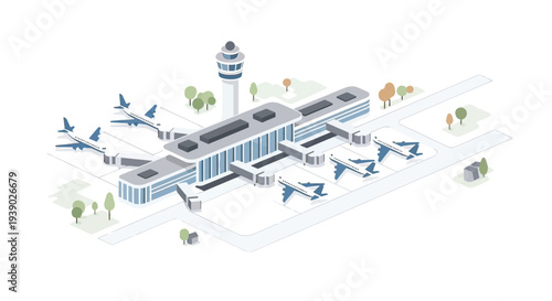 Airport Terminal with Airplanes and Control Tower.