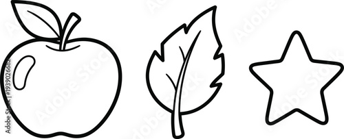 Colouring page for kids apple leaf and star black and white illustration