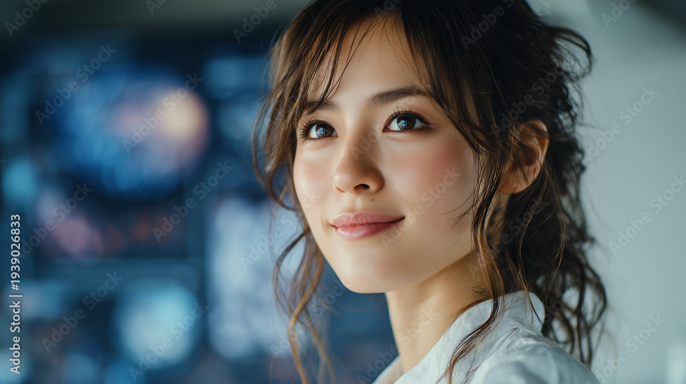 Obraz premium Bright-Eyed Young Asian Woman with a Thoughtful Gaze
