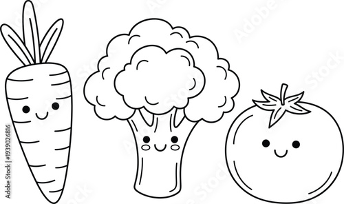 Veggie friends colouring page fun carrot broccoli and tomato illustrations for kids