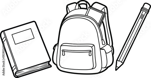 Back to school colouring page with book backpack and pencil for kids