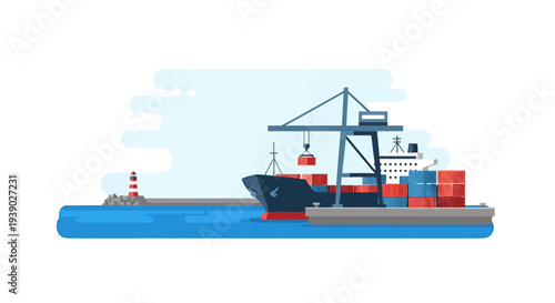 Cargo Ship with Containers at Sea.