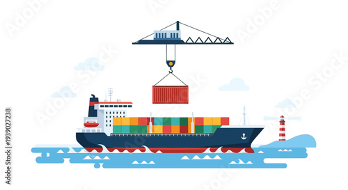 Cargo Ship with Containers Being Loaded.