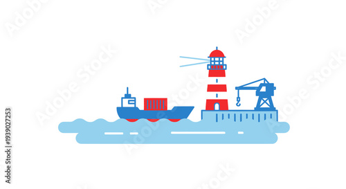 Cargo Ship with Lighthouse and Oil Rig.