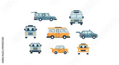 Collection of Various Cartoon Vehicles and Camper.