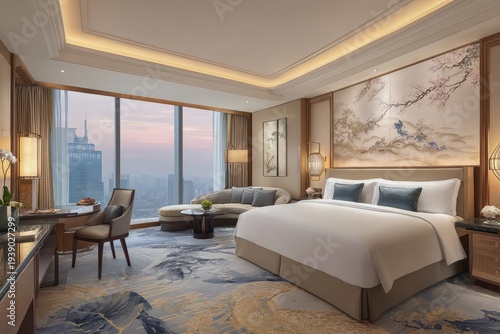Luxurious hotel suite with city view, plush furnishings, and oriental art on the wall