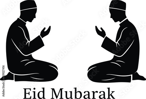 Silhouette of two Muslim men kneeling in prayer during the holy festivals of Eid al-Fitr and Eid al-Adha with Islamic Eid Mubarak typography on white background.