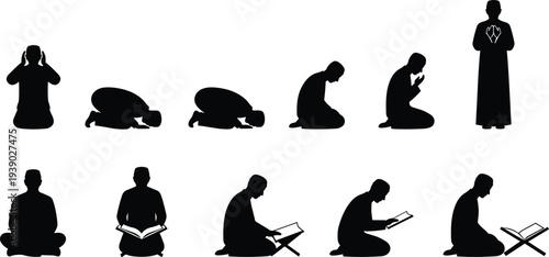 Muslim Man Silhouette Vector Illustrations Set Performing Salah Prayer Prostrating Kneeling and Reading Holy Quran Book Isolated on White Background for Islamic Design