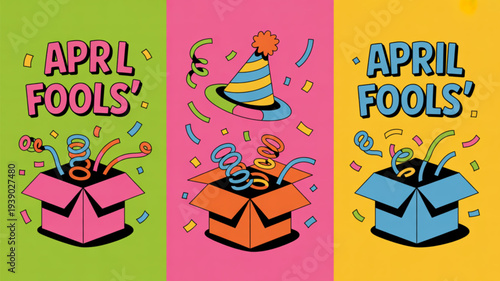 Colorful april fools' day illustrations with gift boxes and party hats on green pink and yellow backgrounds
