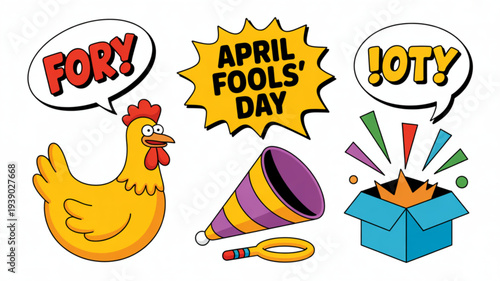 April fools' day cartoon illustration with chicken party horn and surprise box