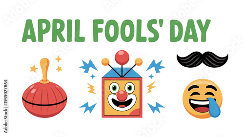 April fools' day colorful emoji collection with prank icons and laughing face