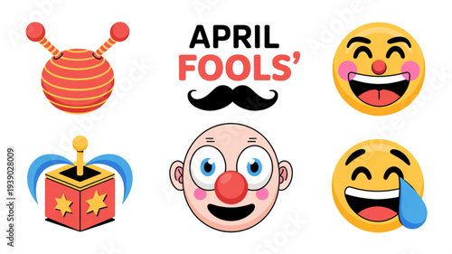 April fools' day colorful emoji icons with clown faces and prank symbols on white background