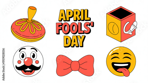 April fools' day icons and symbols for pranks and jokes on white background