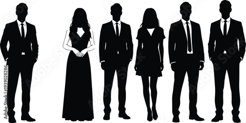 Elegant business people silhouettes men in suits and women in dresses gowns standing confidently, formal evening corporate group isolated on white background vector.