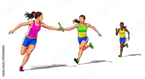 Relay race, track and field athletes competing in a race, passing a baton