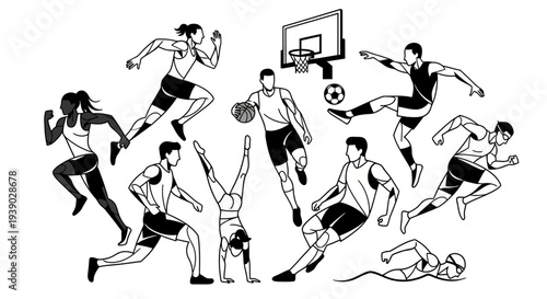 Collection of dynamic line art illustrations depicting various athletes engaged in diverse sports and fitness activities