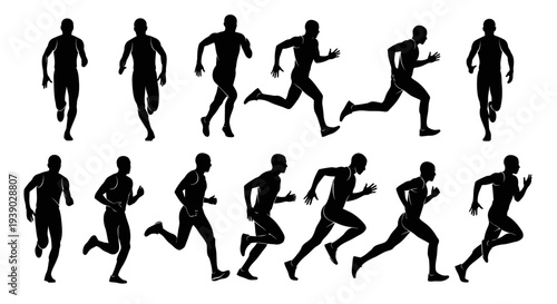 Silhouette figures in a sequence of running poses, capturing the motion of a marathon runner in full stride