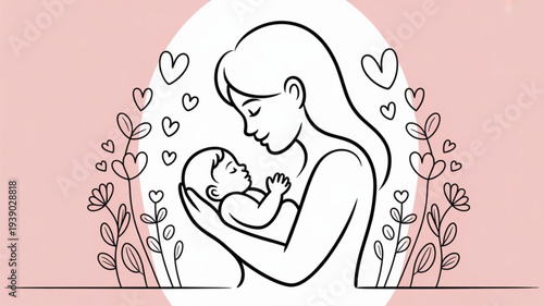 Mother tenderly holding newborn baby surrounded by hearts and flowers in minimalist line art illustration