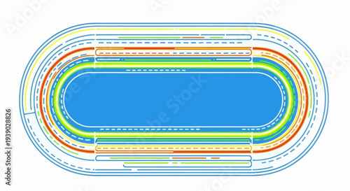 Top-down view of a vibrant, multi-lane running track with stadium lights, showcasing an aerial perspective of athletic competition and outdoor recreation