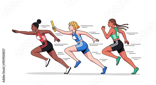 Three female athletes in athletic wear participating in a relay race, passing a baton, mid-stride