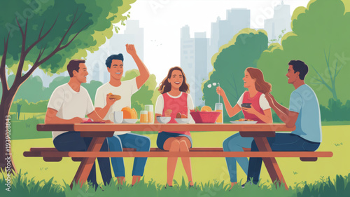 Group of five friends enjoying a picnic together in a park with city skyline in the background