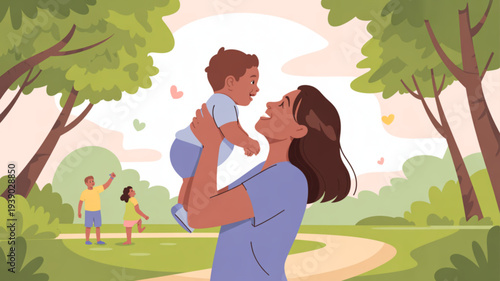 Woman holding baby in the air playing in a serene park with family in the background surrounded by lush green trees