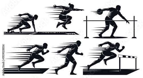 Silhouette athletes in motion, capturing the dynamism of track and field and athletic sports with speed lines