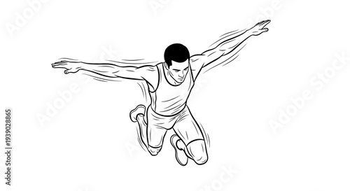 Man performing a dramatic athletic jump with arms outstretched and legs bent, captured in a dynamic sketch