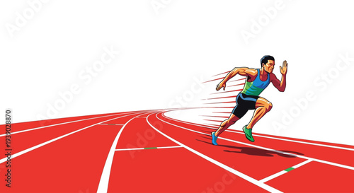 Dynamic illustration of a male runner in mid-stride on a vibrant red track, conveying speed and athleticism