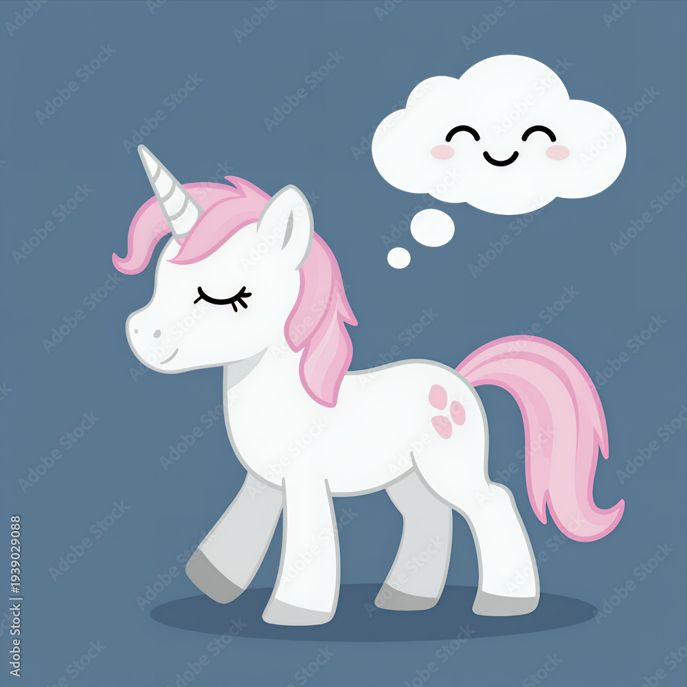 Fototapeta premium Cute Cartoon Unicorn with Pink Mane and Tail Standing Peacefully Smiling with a Happy Thought Bubble Above Its Head on Blue Background