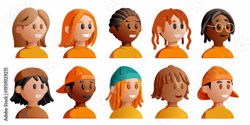 Diverse collection of cartoon character headshots with varied hairstyles and skin tones