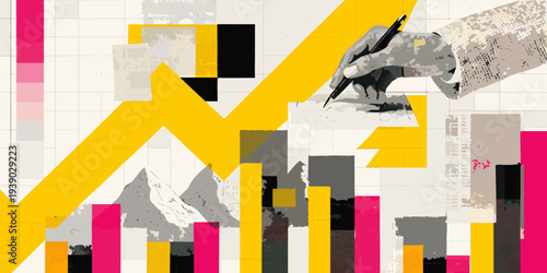 A hand writing on a chart with rising graph and colorful blocks