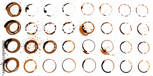 Collection of coffee rings and splatters on a white background