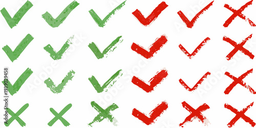 Collection of hand drawn check marks and x marks in red and green