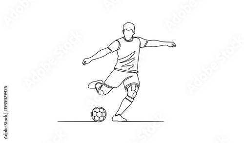 Minimal continuous line art football player kicking soccer ball sports concept vector illustration