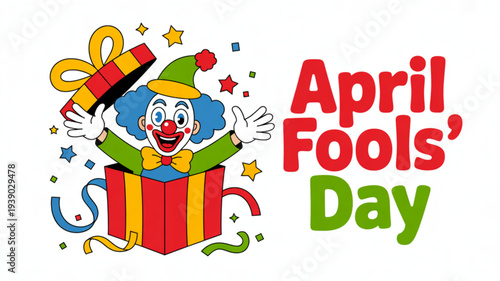 Colorful clown emerging from gift box on april fools' day with confetti and stars
