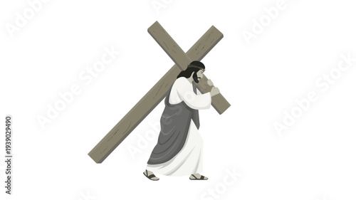 Jesus christ carrying a large wooden cross on his back