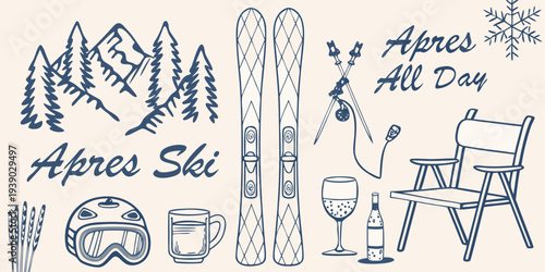 Winter sports and apr s ski elements in a hand drawn style illustration