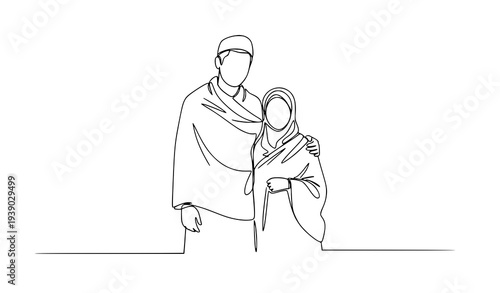 One continuous line drawing Muslim couple in Ihram Hajj and Umrah pilgrimage vector illustration