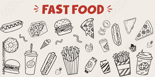Hand drawn illustration of various fast food items and snacks
