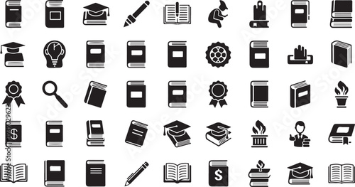 Comprehensive set of monochrome educational icons, showcasing essential elements of learning, knowledge, and academic pursuits for modern graphic projects