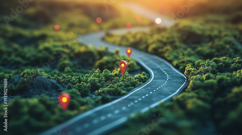 empty winding road with business infographic style markers, goal mapping and timeline planning concept