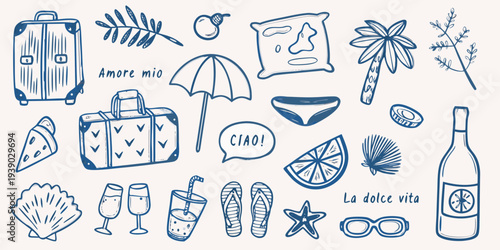 A collection of hand drawn summer vacation and travel themed illustrations