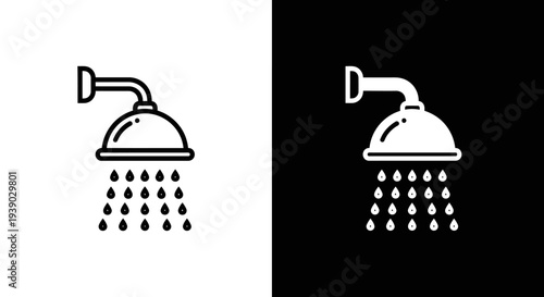 Shower head icons with water droplets on white and black backgrounds