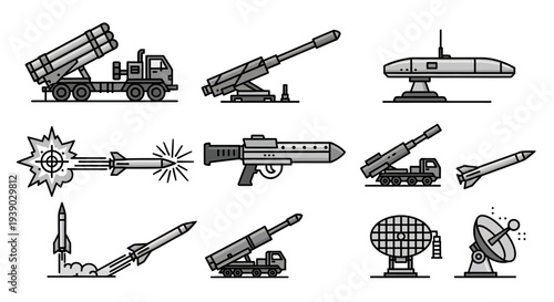 Collection of Military Weapon and Missile Defense System Line Icons on Isolated White Background