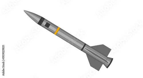 Flying Military Rocket Missile with Yellow Stripe, Isolated White Background