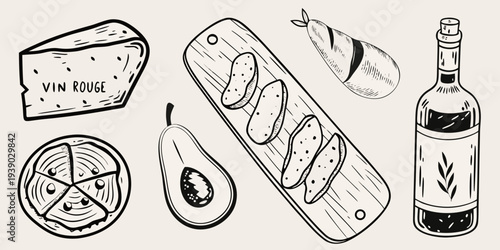 A charming sketch of cheese bread wine and fruit assortment